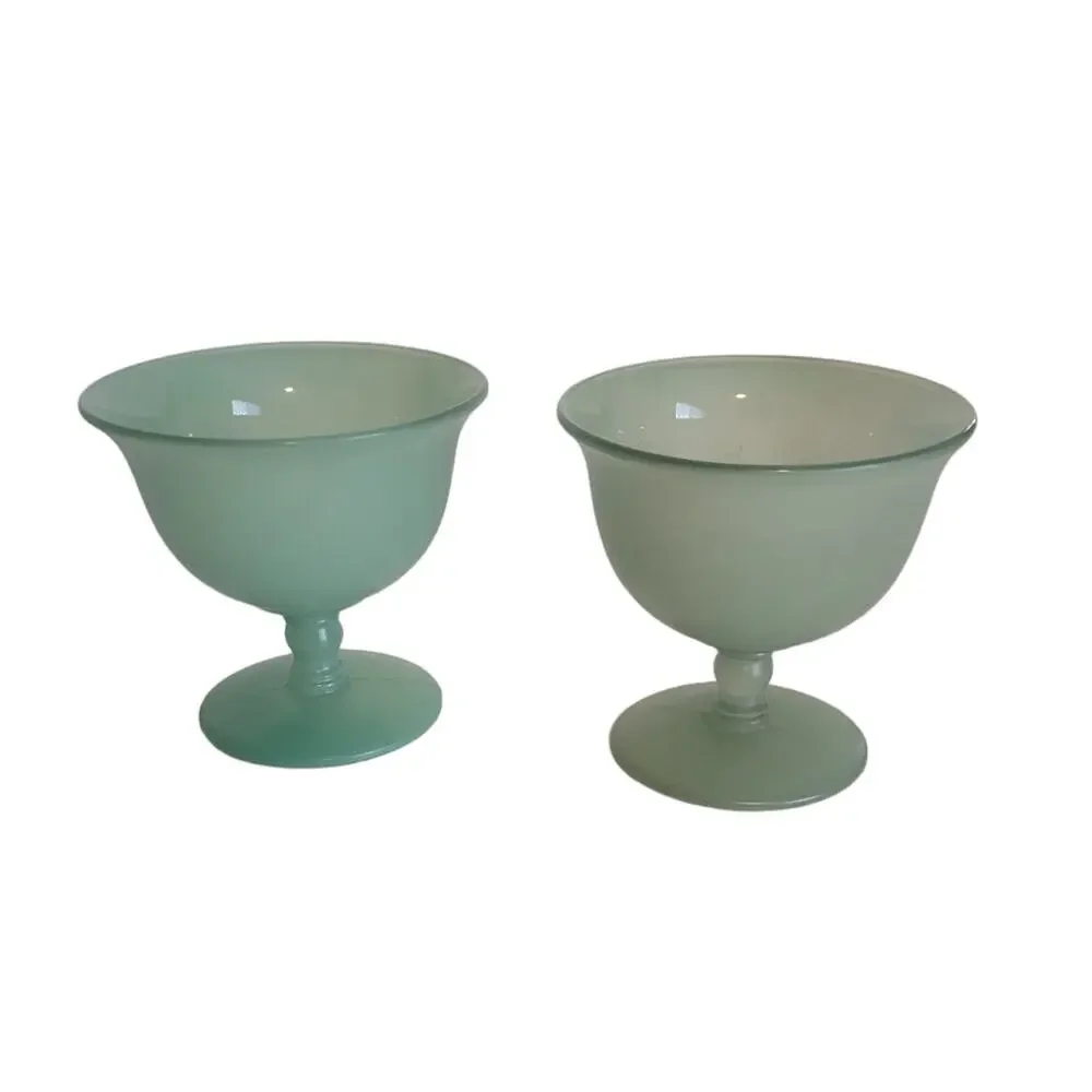 Set of 2 Vintage Footed Frosted Glass Dessert Dishes Light Green
